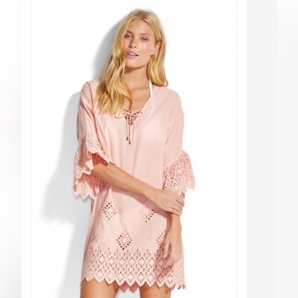 NEW Seafolly Dawn To Dusk Broderie Cover Up Dress Soft Pink XS NWT Eyelet Lace - Picture 4 of 14
